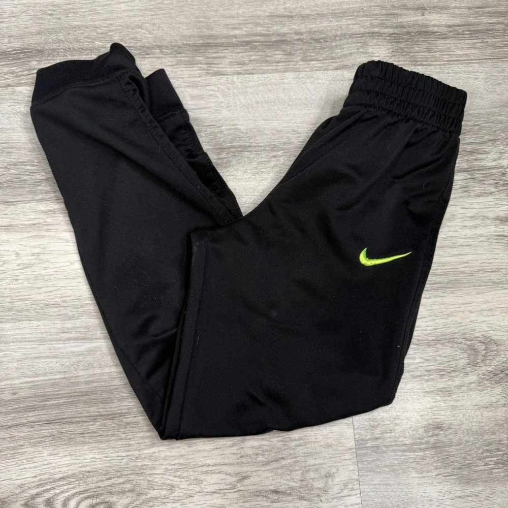 Nike Boys Black Jogger Pants Lime Green Swoosh Size 7 L Athletic Sweats AC19